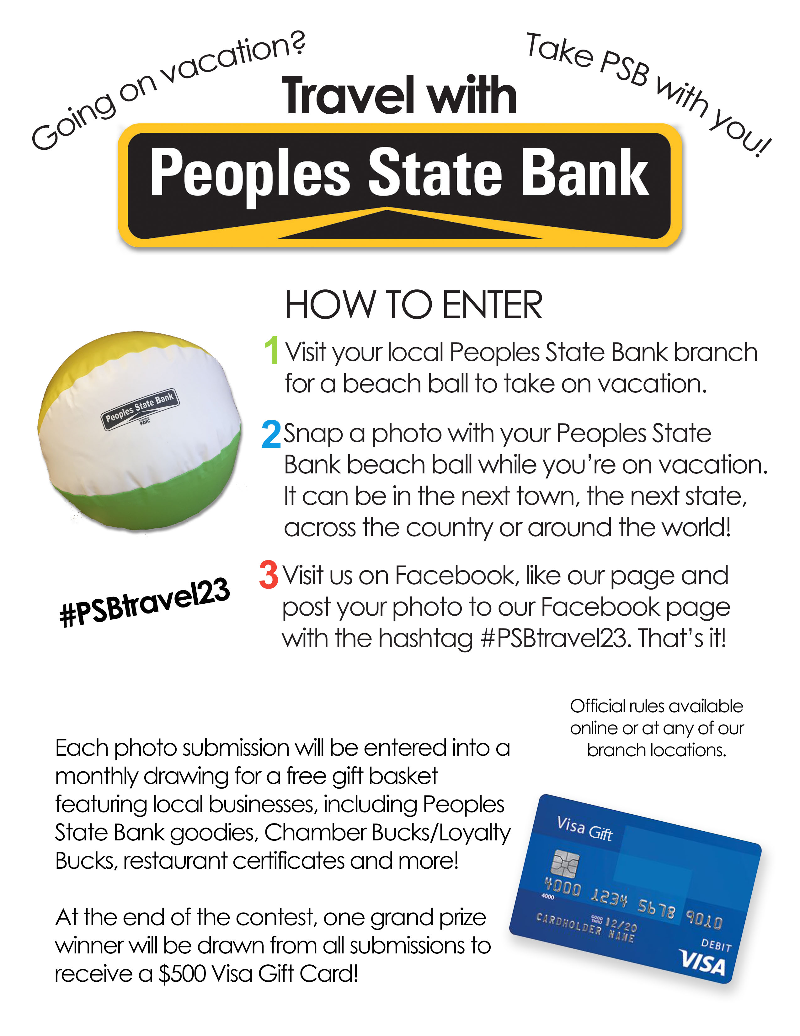 Flier with details for Travel with Peoples State Bank 2023 promotion