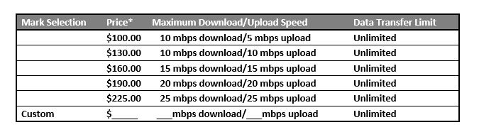 Commercial Internet Package: $100.00 for Maximum Download/Upload Speed: 10 mbps download/5 mbps upload and Unlimited Data Transfer Limit; $130.00 for Maximum Download/Upload Speed: 10 mbps download/10 mbps upload and Unlimited Data Transfer Limit; $160.00 for Maximum Download/Upload Speed: 15 mbps download/15 mbps upload and Unlimited Data Transfer Limit; $190.00 for Maximum Download/Upload Speed: 20 mbps download/20 mbps upload and Unlimited Data Transfer Limit; $225.00 for Maximum Download/Upload Speed: 25 mbps download/25 mbps upload and Unlimited Data Transfer Limit