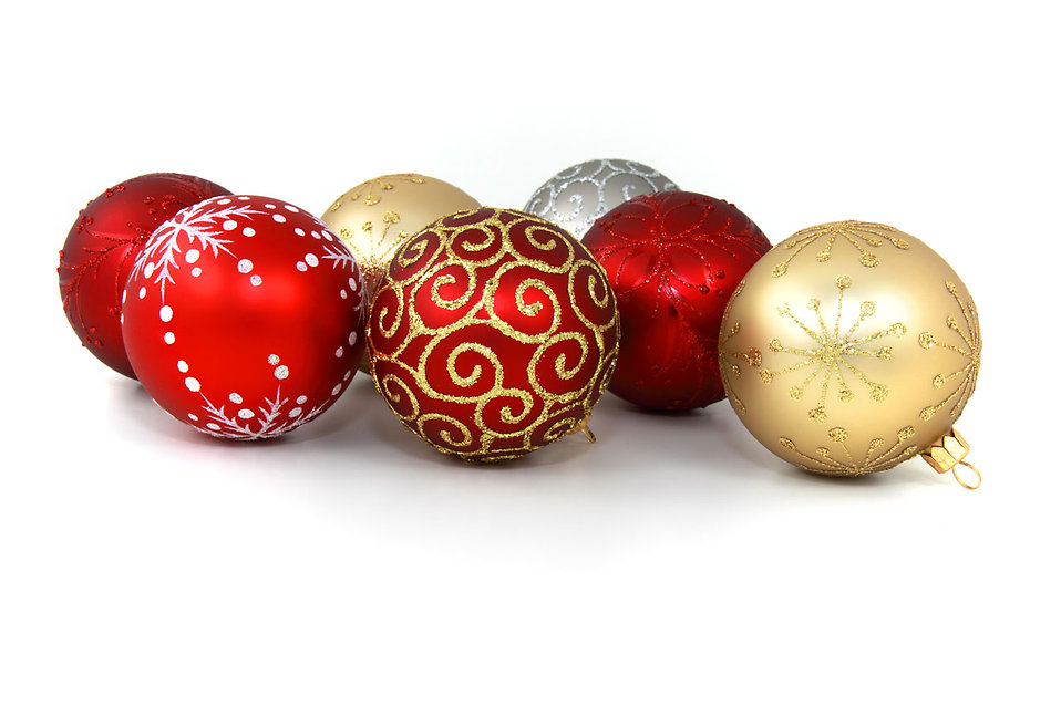 holiday ornaments on white background